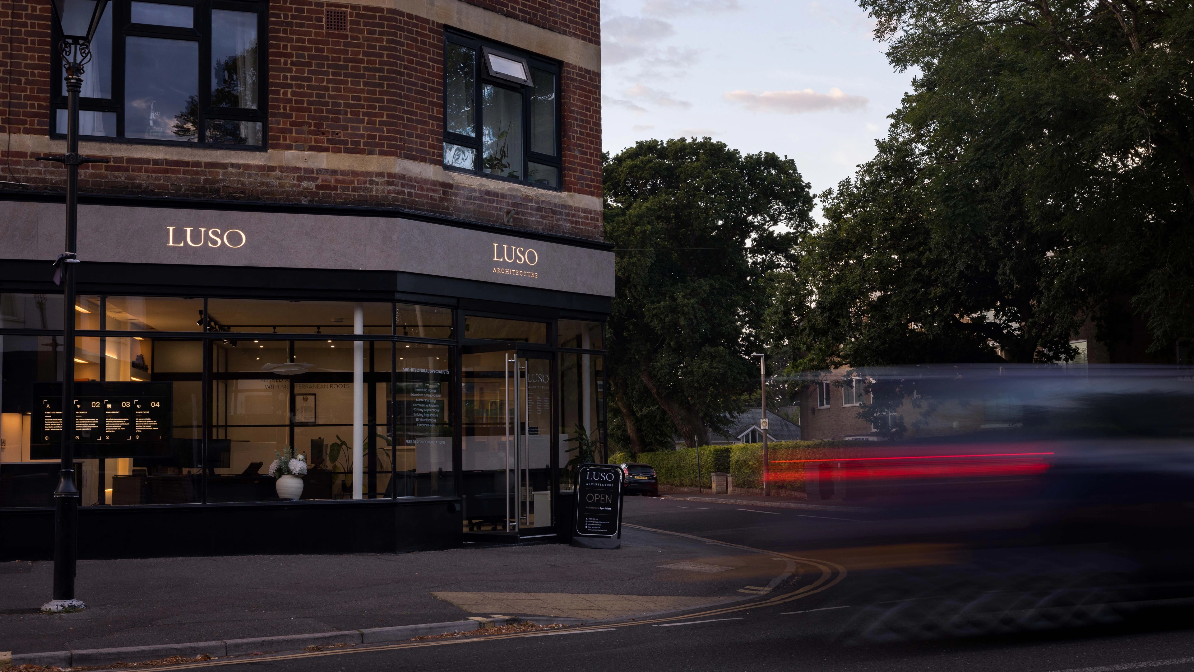 The LUSO Architecture studio on Haven Road, Canford Cliffs, lit at dusk